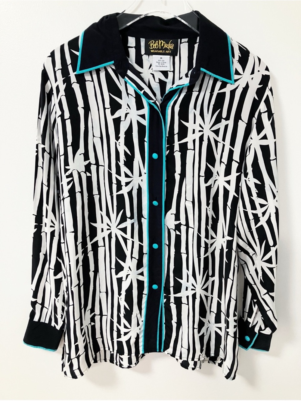 Bob Mackie 100% SILK Black & White Graphic Button-Down with Teal Trim